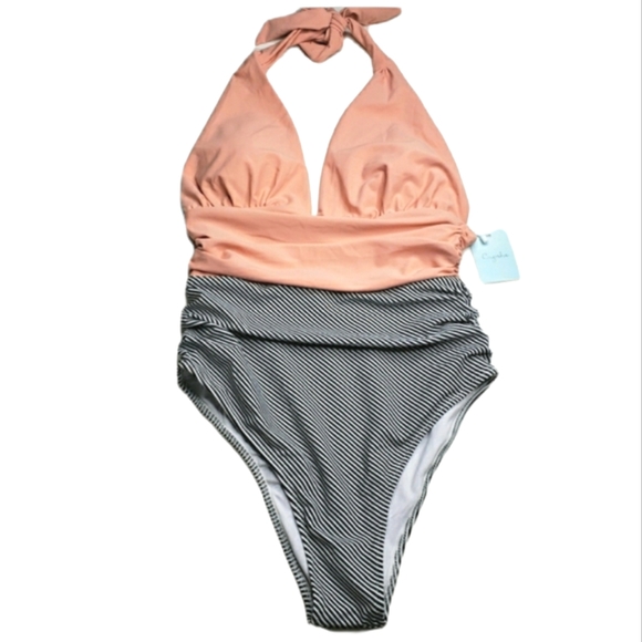 Cupshe Swimsuit One Piece Peach Black White Pinstripe Women's Medium 6/8 NWT - Picture 1 of 15